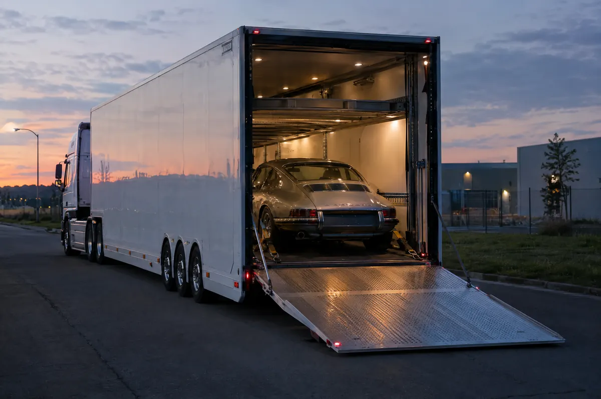 Enclosed car transport trailer with its lift gate down and a classic car inside