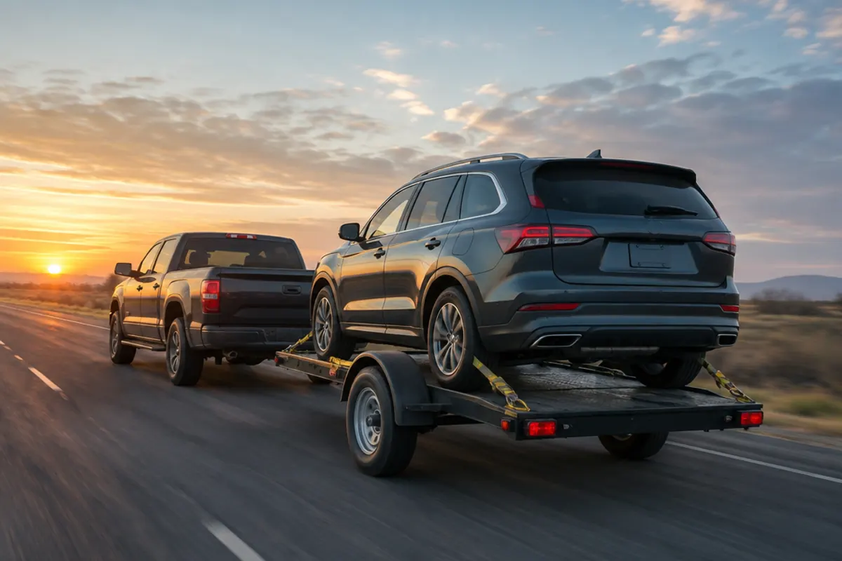 Pickup truck towing an SUV on a single-car trailer along a highway at sunrise