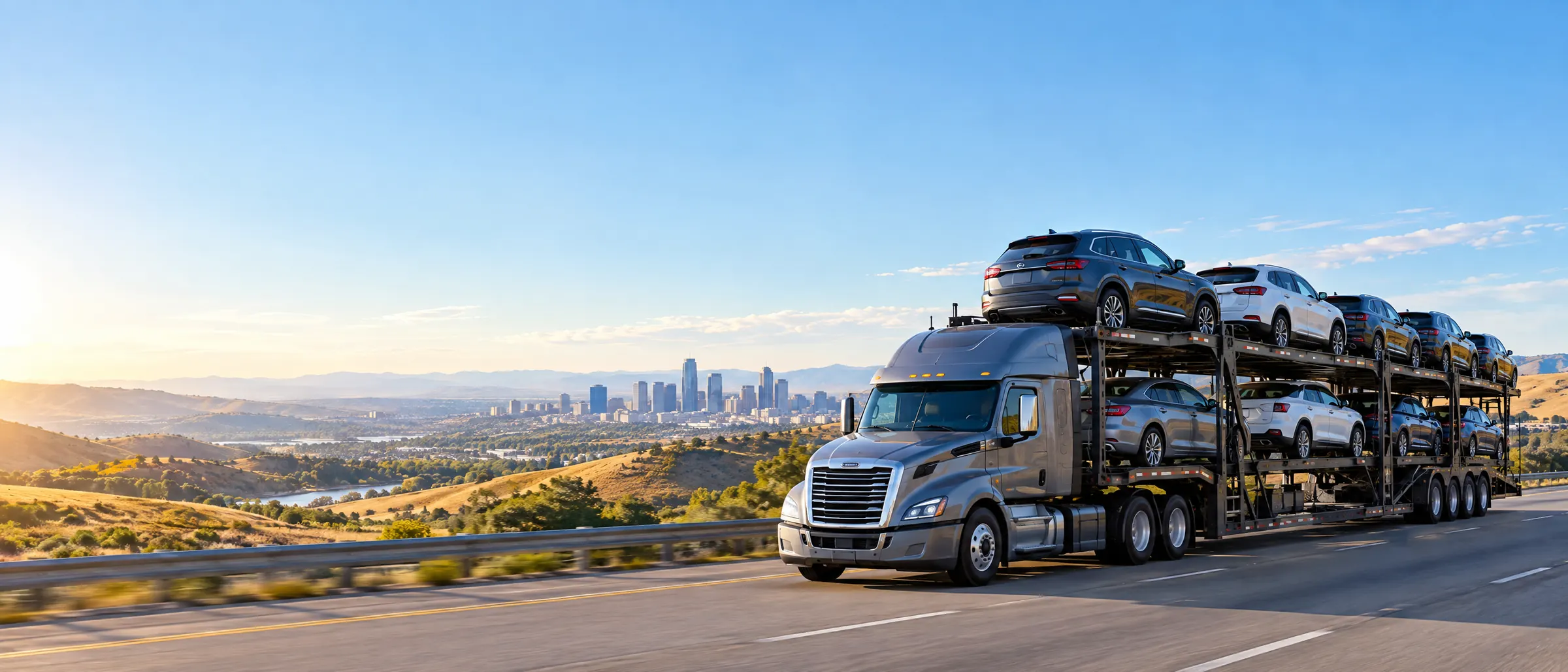Open car carrier truck loaded with cars driving on a highway toward a city skyline
