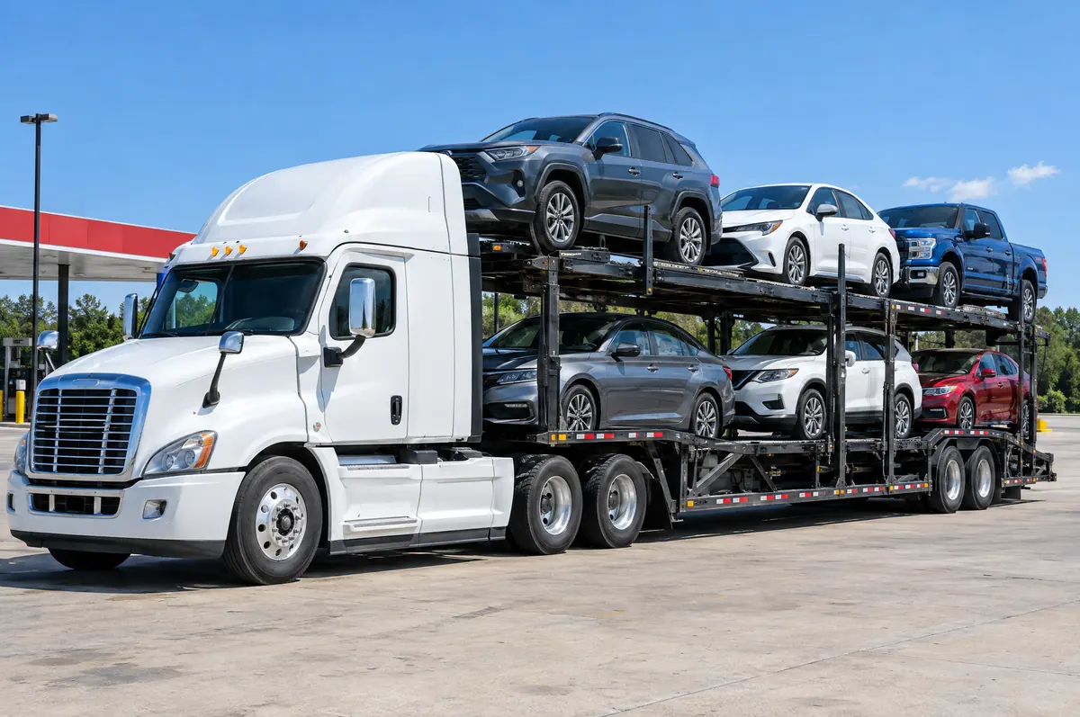 Open two-deck car carrier truck loaded with sedans, SUVs and a pickup