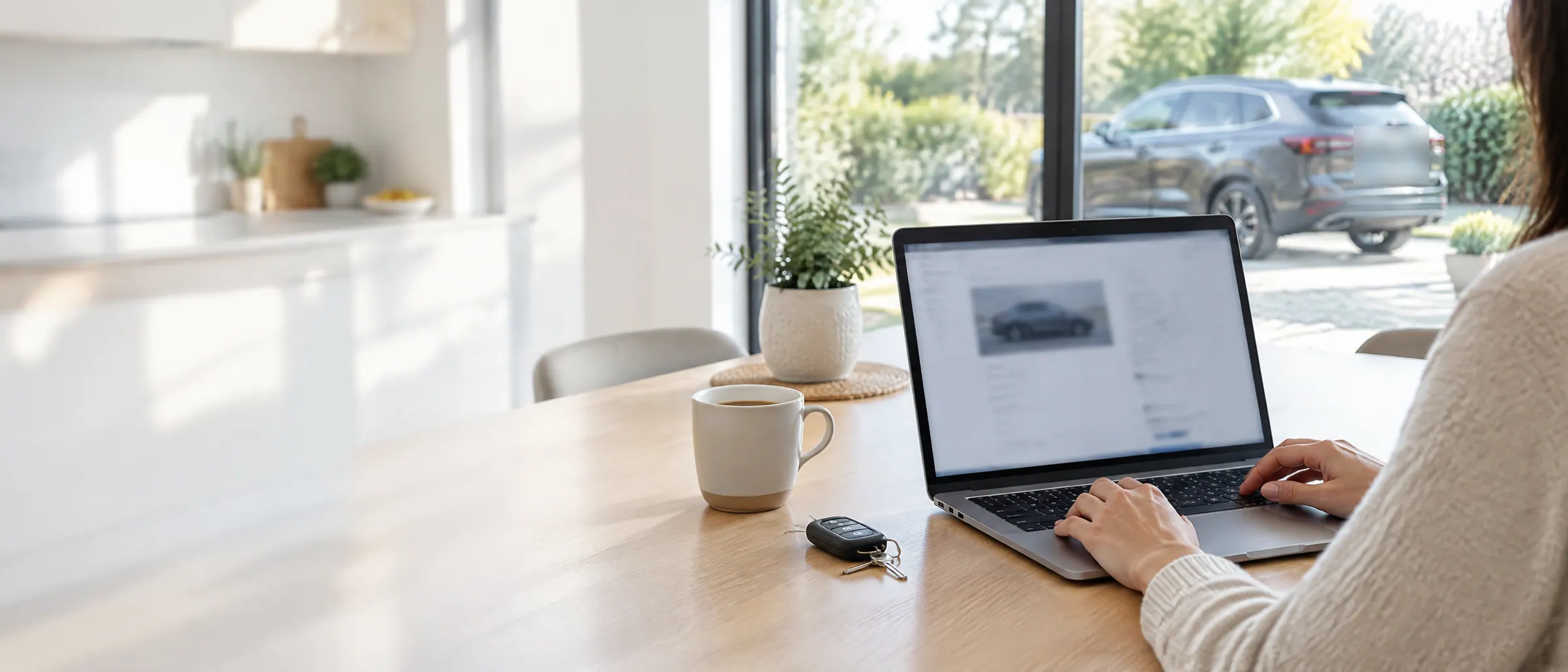 Person using a laptop at a kitchen table with car keys and coffee, an SUV parked outside