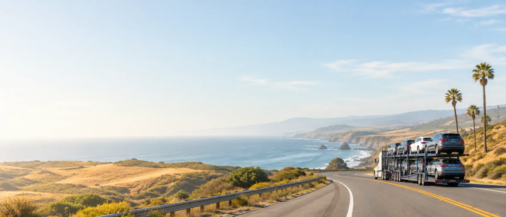 Car carrier driving along a California coastal highway past golden hills and the Pacific Ocean